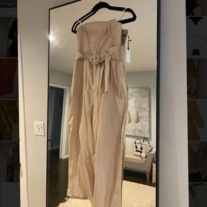 Astr - tan strapless jumpsuit with belt detail